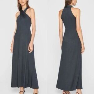 Club Monaco Dark green ribbed knit high twist neck Halter midi maxi dress Sz S